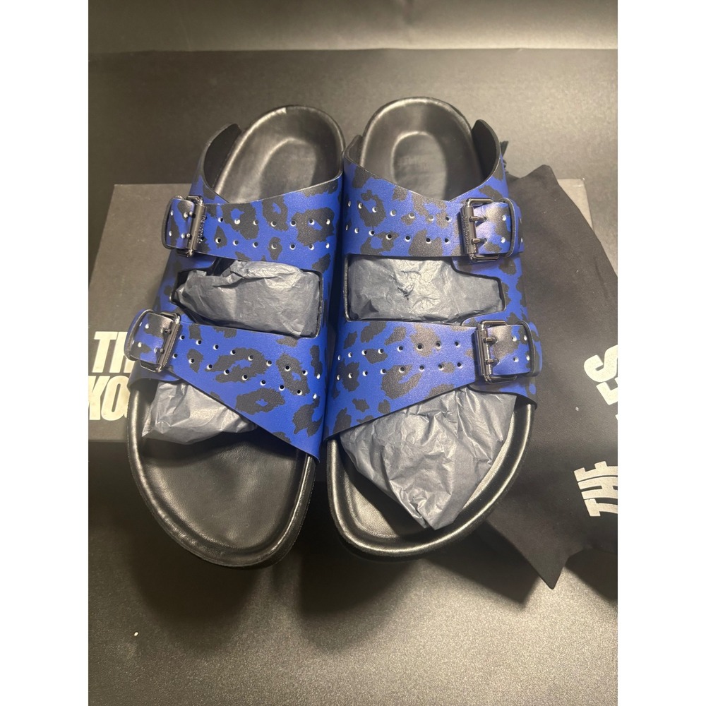 The Kooples NEW Leopard Print Slides Sandals Buckle Accents Blue Black FR 45/U11 - Picture 2 of 9